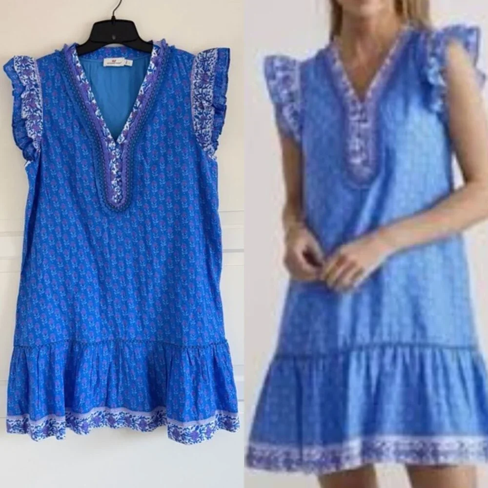 Vineyard Vines Blue Floral V-neck Mini Dress Size Large 41959